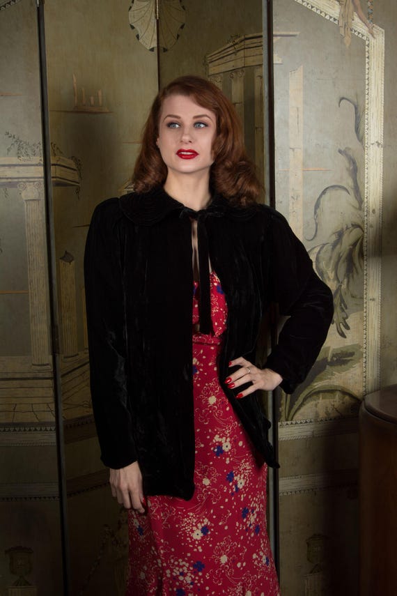 1930s Jacket - Lush Black Velvet Late 30s  Evening Jacket with Piping Collar