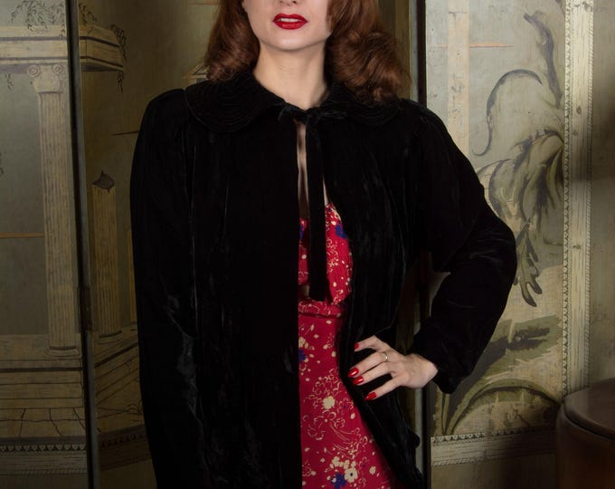 1930s Jacket - Lush Black Velvet Late 30s  Evening Jacket with Piping Collar