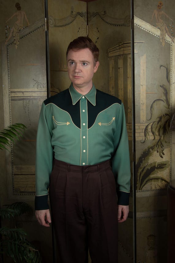 Vintage 1950s Nudelman Worsted Wool Two Tone Western Shirt Sherriff's Uniform in Greens As Is