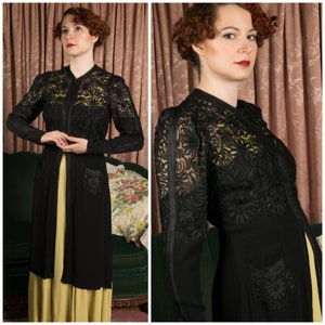 1930s Redingote Exquisite Mid to Late 1930s Vintage Evening Jacket Overdress in Lustrous Soutache Tape on Black Net and Rayon Crepe image 1