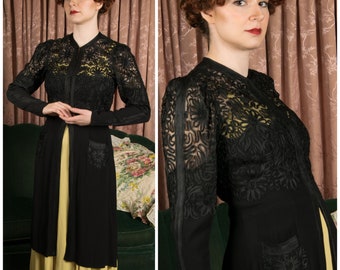 1930s Redingote - Exquisite Mid to Late 1930s Vintage Evening Jacket Overdress in Lustrous Soutache Tape on Black Net and Rayon Crepe