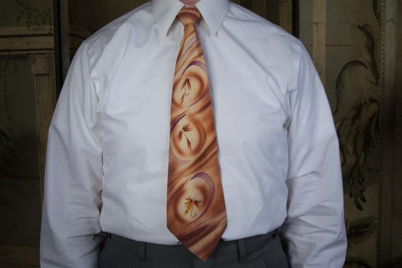Vintage 1940s Striking Airbrush Handpainted Wide Tie with Fly Tying Fishing Flies by Hollyvogue