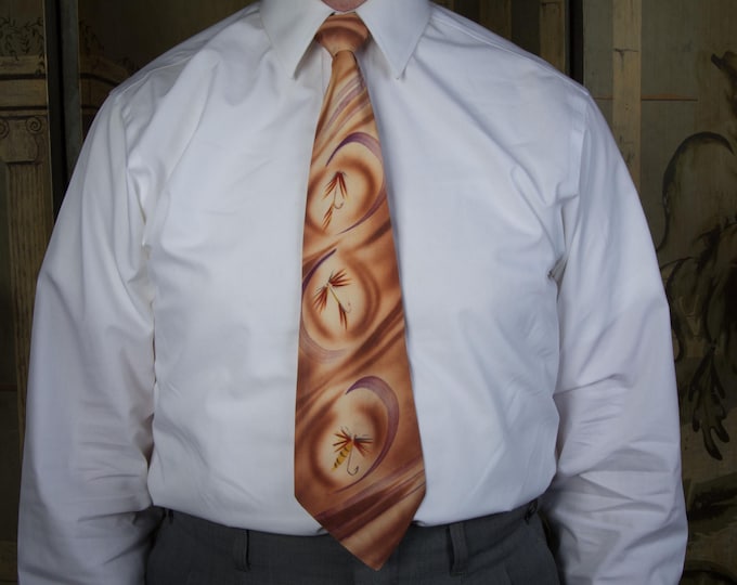 Vintage 1940s Striking Airbrush Handpainted Wide Tie with Fly Tying Fishing Flies by Hollyvogue