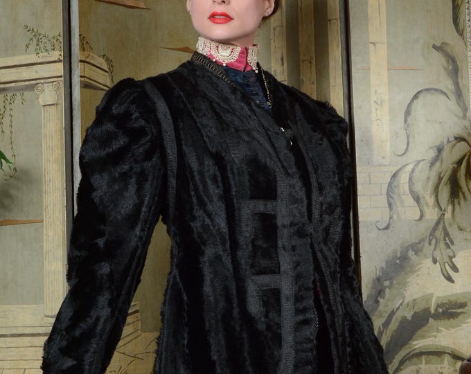 Vintage Edwardian Jacket - Early 1900s Faux Fur Winter Jacket with Woven Tape Trim and Cordé Buttons
