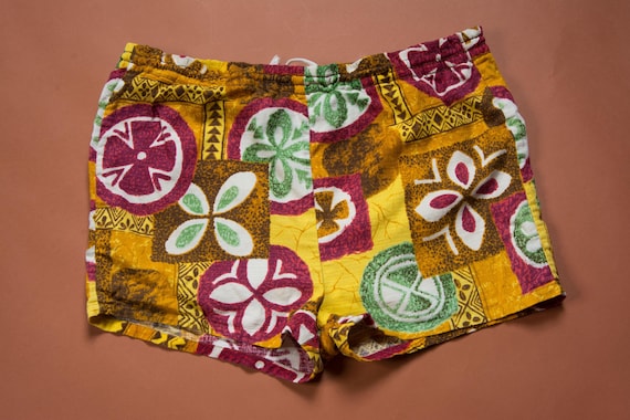 Vintage 1970s Tiki Barkcloth Style Men's Swim Trunks