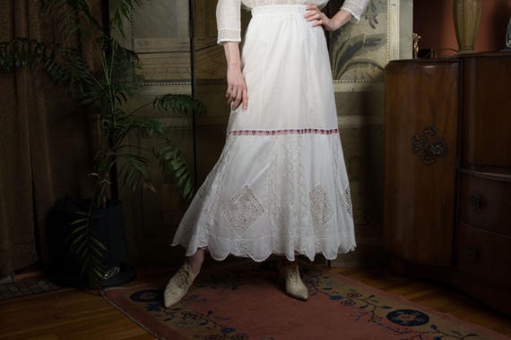 Authentic 1900s Edwardian White Cotton Petticoat Skirt with Purple Ombré Ribbon Altered to Cased Elastic Waist