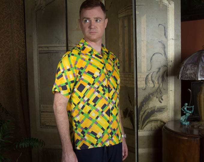 Vintage 1960s Bright Loud Plaid Short Sleeve Casual Shirt in Yellow, Orange, Purple, Green and Navy