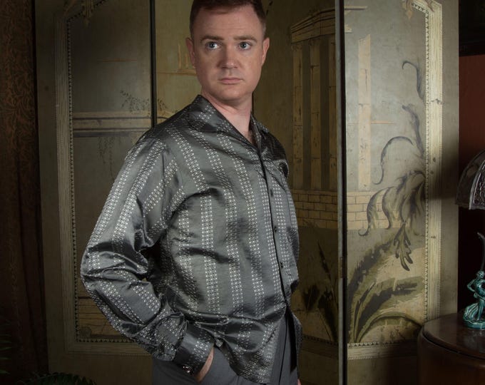 Vintage 1950s Shiny Silver Acetate Rock and Roll Rockabilly Long Sleeve Loop Collar Shirt with Wolfs Head Cuff Buttons Sea Island Brand