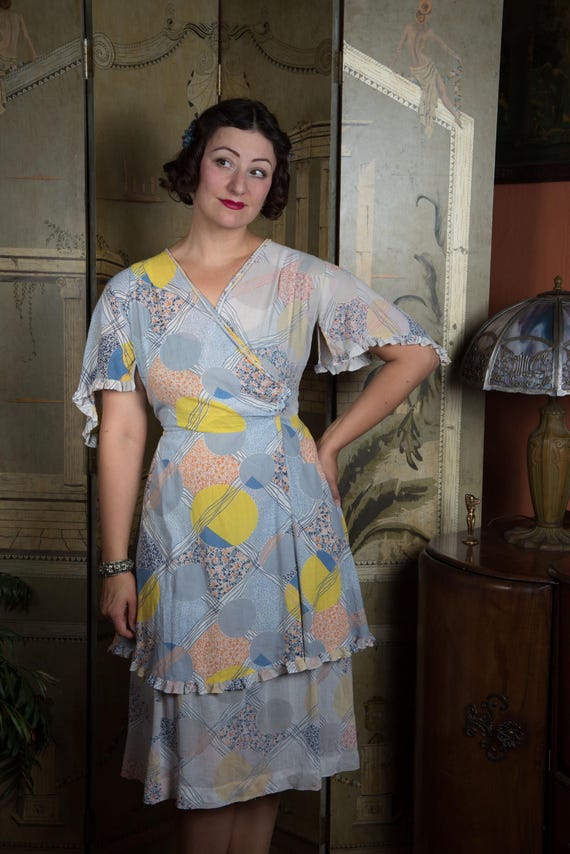 1930s Dress Unique Vintage Early 30s Blue, Yellow and Grey Dress in two Different Materials with the Same Print