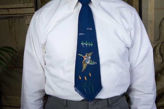 Vintage 1940s or early 1950s Woven Wool Hand Painted Tie in Royal Blue with Mallard Duck by Pilgrim