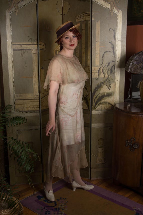 1920s Dress - Faded Wounded Bird Floral Day Dress with Tulle Net Hem