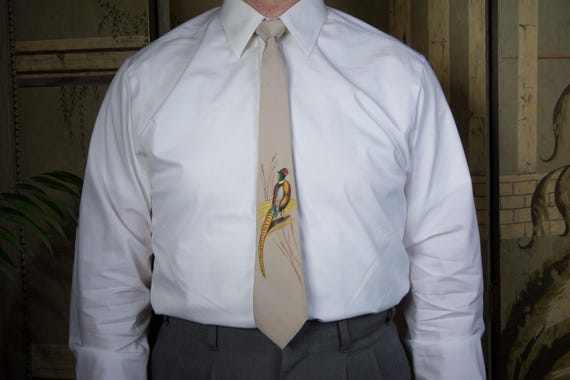 Vintage 1950s 60s Hand Painted Necktie Tie with Pheasant Sportsman Hunting Theme