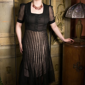 1930s Dress - Ultra Sheer Edwardian Converted to 1930s Day Dress in Black Silk Chiffon