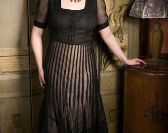 1930s Dress - Ultra Sheer Edwardian Converted to 1930s Day Dress in Black Silk Chiffon