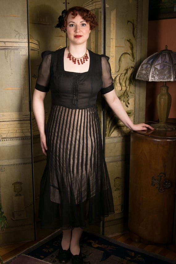 1930s Dress - Ultra Sheer Edwardian Converted to 1930s Day Dress in Black Silk Chiffon