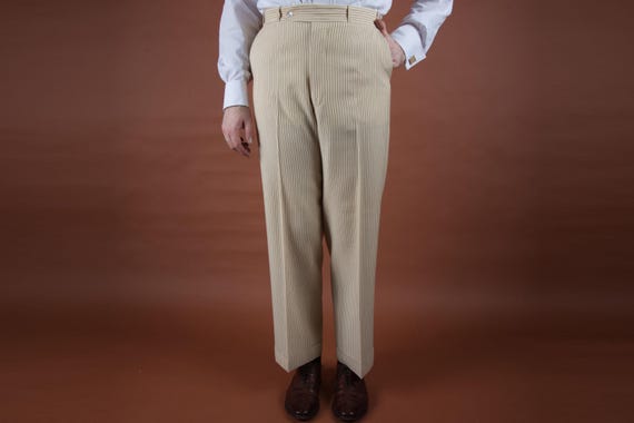 Vintage 1920s 30s Woven Wool Button Fly Striped Summer Pants in Ivory with Brown Pinstripe and Adjustable Side Buckles