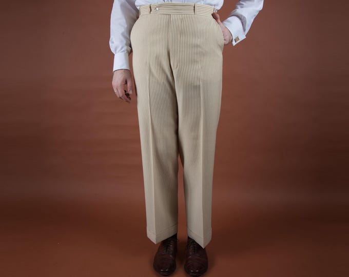 Vintage 1920s 30s Woven Wool Button Fly Striped Summer Pants in Ivory with Brown Pinstripe and Adjustable Side Buckles