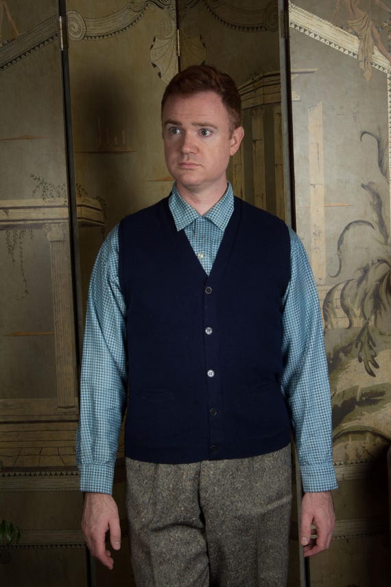 Vintage 1960s Cardigan Style Sweater Vest in Navy Blue Lambswool by Cox, Moore, for Eaten's Men's Shop Made in England