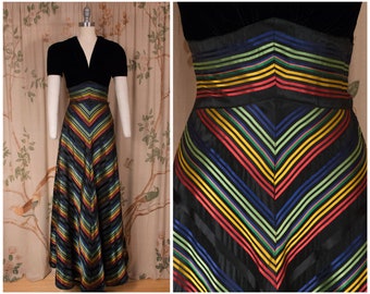 1930s Dress - Phenomenal Late 30s Vintage Evening Gown in Black Velvet with Lustrous Satin Rainbow Mitered Stripes Taffeta Skirt
