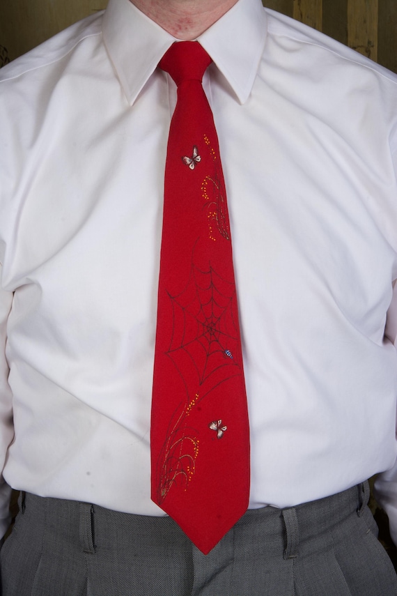 Vintage Late 1940s or Early 50s Handpainted Spiderweb and Butterflies Novelty Necktie in Bold Red