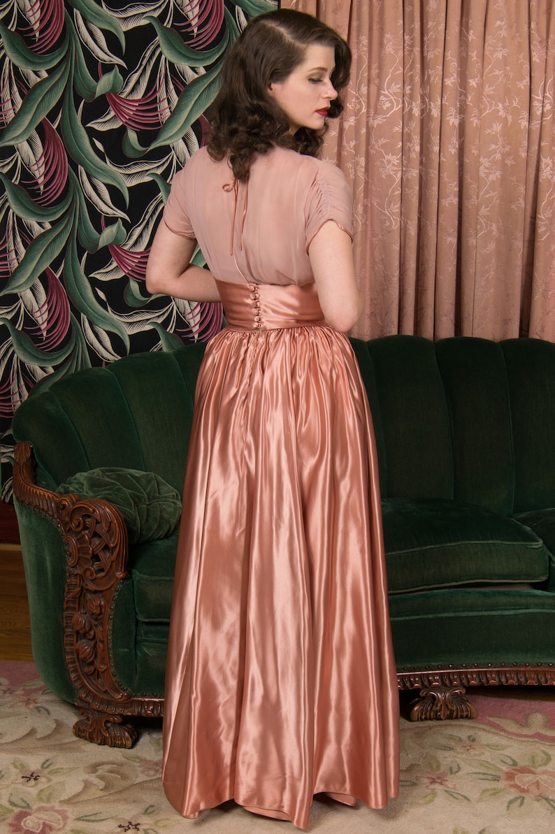 1940s Dress Set Exceptional Two Piece Chiffon and Satin Evening Ensemble High Waist Skirt & Draped Blouse in Mauve Pink image 7