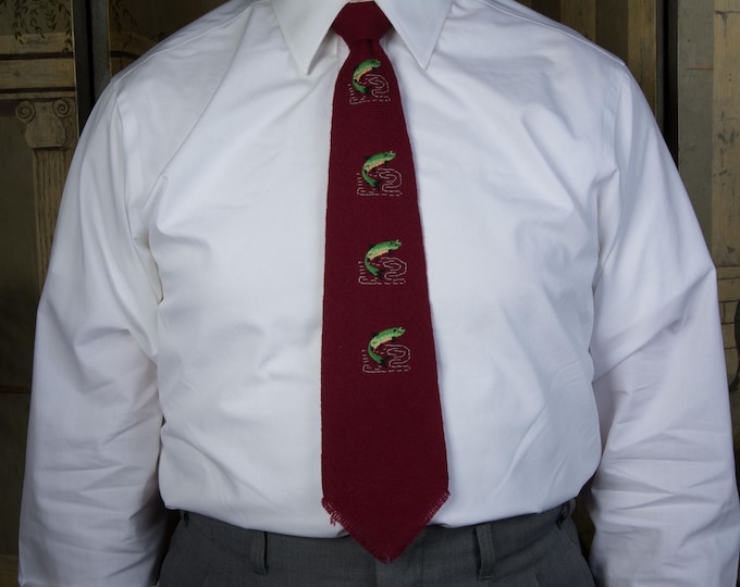 Vintage 1940s or early 1950s Hand Loomed Woven Wool Embroidered Tie in Burgundy with Leaping Trout by Tewa