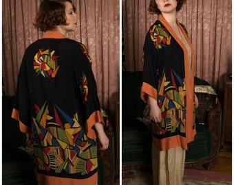 Robe aus den 1920er Jahren – Lebendiger und seltener Art-Deco-Kimono der 20er Jahre, dekadent bedruckter High-Deco-Geometrie in Limette, Rot, Gelb, Blau und Orange