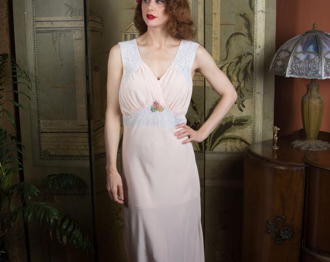 1940s Gown - Vintage 40s Bias Cut Nightgown in Pale Pink with Sheer White Lace and Ribbon Rosettes