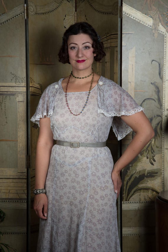 1930s Dress Sweet Vintage Early 30s Grey and White Floral Cotton Day Dress with Detachable Collar Pieces