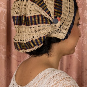 Antique Cap Gorgeous Antique Victorian Silk Cap in Tartan Plaid, Cordé Lace and Navy Silk with Silk Covered Berries Detail image 9