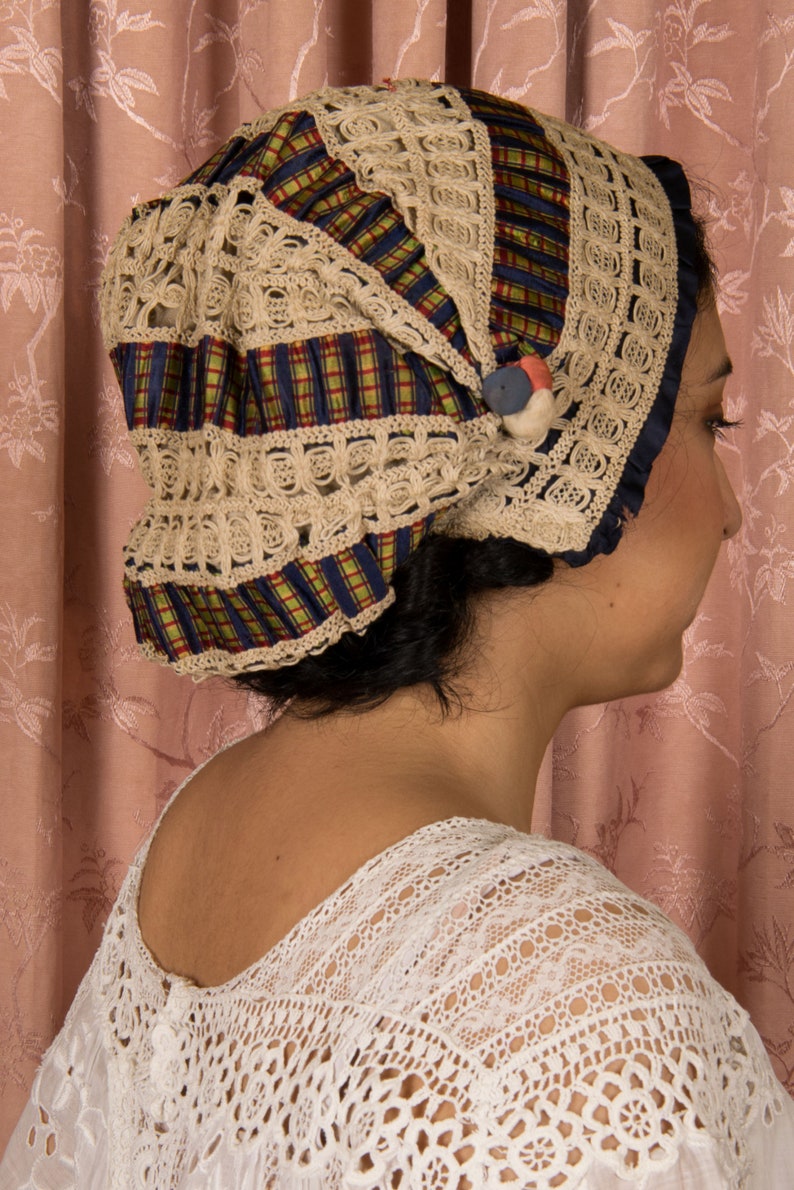 Antique Cap Gorgeous Antique Victorian Silk Cap in Tartan Plaid, Cordé Lace and Navy Silk with Silk Covered Berries Detail image 9