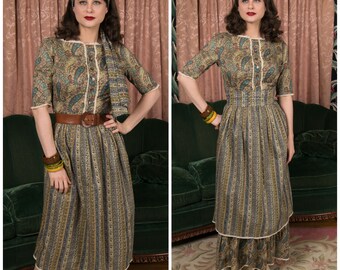 1970s Set - Gorgeous Vintage 70s Angela at London Town 3 Piece Dress - Converts from Midi to Maxi, and Comes with A Sash or Scarf