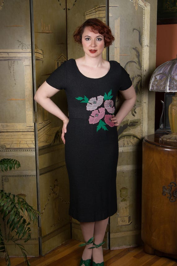 1950s Sweater Dress - Killer Cotton Knit Late 50s Black Wiggle Dress with Net Floral Appliques and Attached Wide Belt