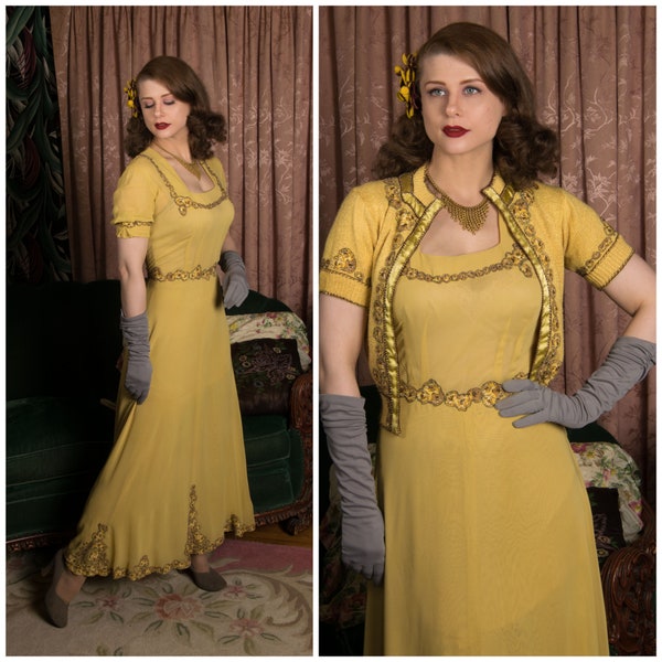1940s Dress - Sensational Mustard Evening Gown with Yards of Hand Appliqued Embellishments, Beadwork and Handmade Matching Sweater