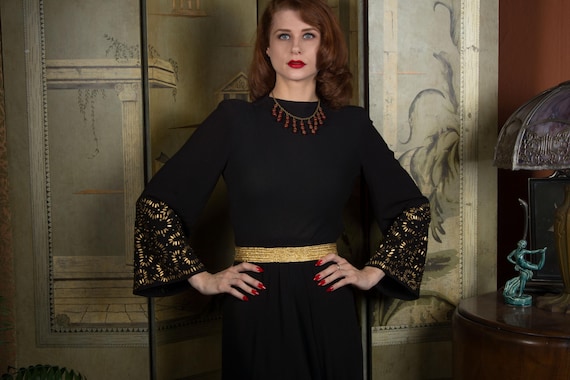 Exquisite Late 1930s/Early 40s Black Rayon Crepe Full Length Evening Gown with Studded Bell Sleeves