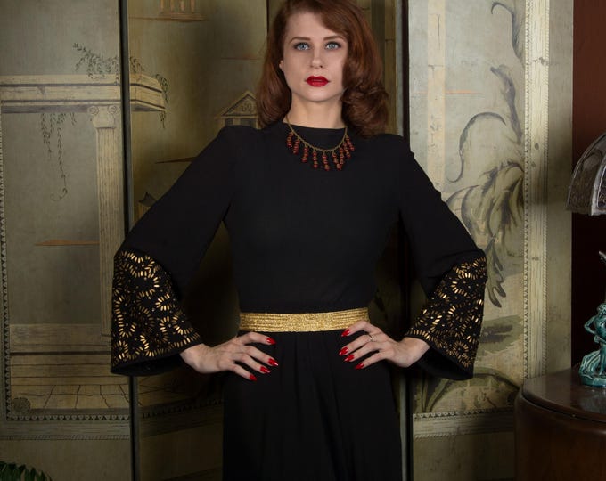 Exquisite Late 1930s/Early 40s Black Rayon Crepe Full Length Evening Gown with Studded Bell Sleeves