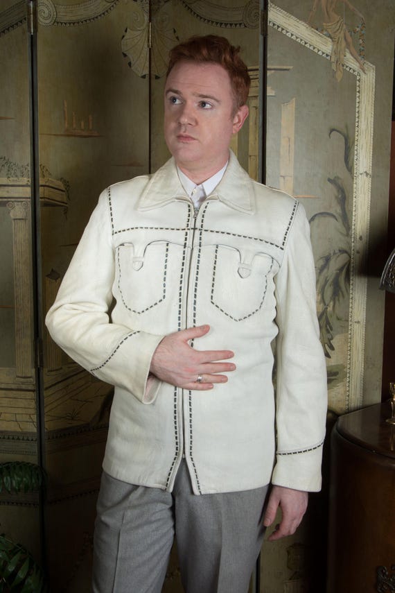 Vintage 1940 or 50s Tailored Western Leather Jacket in Ivory White with Black Saddle Stitch Trim, Decorative Pockets