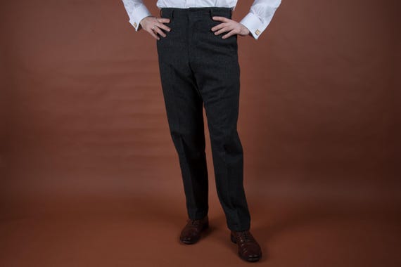 Vintage 1950s Striped Wool Pants in Grey and Black Stripe High Waist Trousers Flat Front Drop Loop