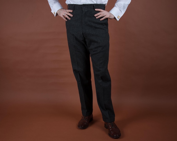 Vintage 1950s Striped Wool Pants in Grey and Black Stripe High Waist Trousers Flat Front Drop Loop