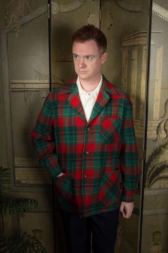 Vintage 1950s Classic Pendleton Wool Plaid 49er or Chore Coat with Patch Pockets and Leather Buttons in Red and Green