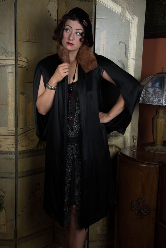 RESERVED ON LAYAWAY - Authentic Antique 1920s Caped Sleeve Coat in Glossy Black Silk Charmeuse Satin with Fur Collar