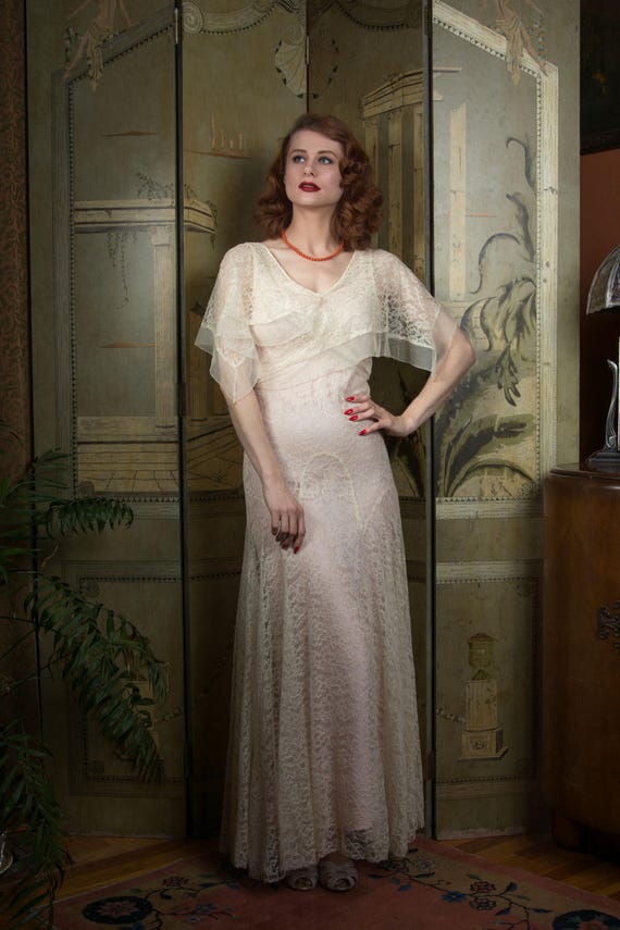 1930s Dress - Gorgeous Vintage 30s Sheer Ivory Lace Wedding Dress in Cotton Tambour Lace with Cross Collar Detail
