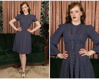 Vintage 1930s Dress Set - Darling Navy Blue and White Polka Dot 30s Day Dress with Matching Over Dress Jacket