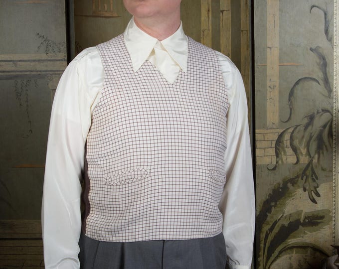 Vintage 1940s Gabardine and Sweater Knit Vest in Ivory and Brown Tattersall Plaid