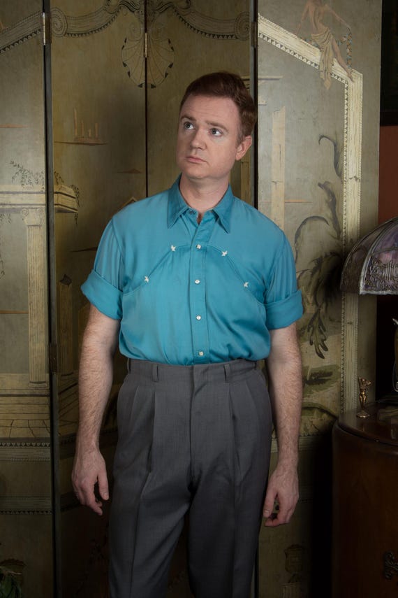 Vintage 1950s Blue Rayon Gabardine Western Shirt with Curving Yoke and Star Embroidered Pockets, As Is