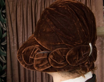 1920s Hat -  Late 1920s Silk Velveteen, and Taffeta with Soft Brim and Self Fabric Petals