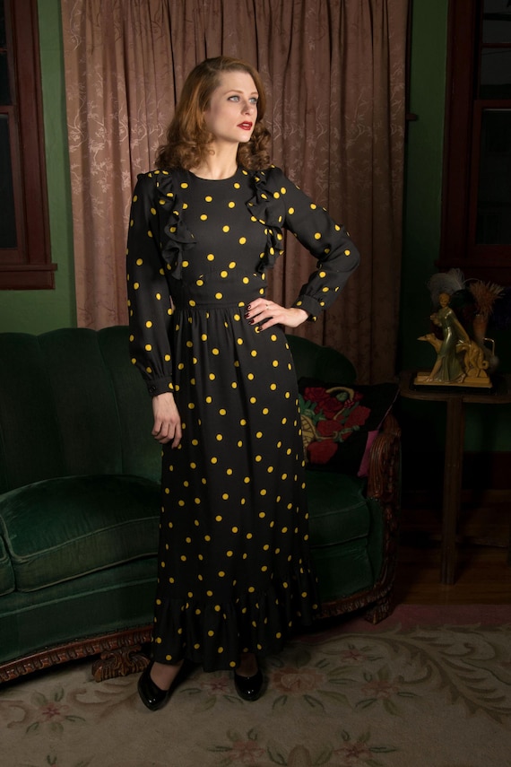 1960s Dress - Late 60s Maxi Length Crepe Dress in Black with Bold Yellow Pockets and Ruffled Bodice.