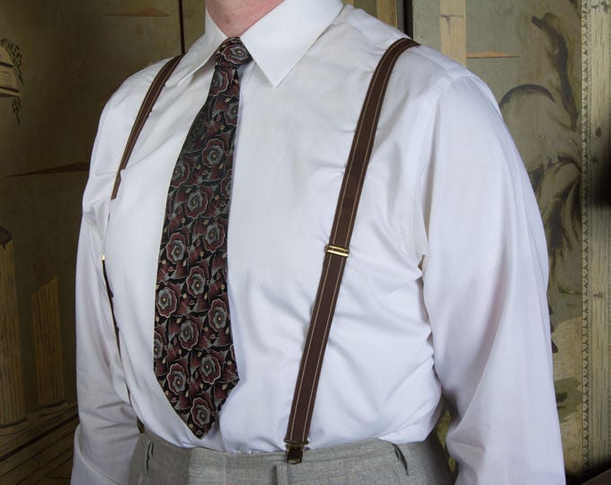 Vintage 1930s 40s Skinny Brown and White Stripe Elastic H Back Suspenders with Clips