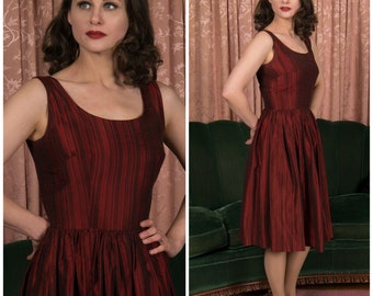 1960s Dress - Vintage Early 60s Deep Red and Black Vertical Striped Slubbed Cocktail Dress