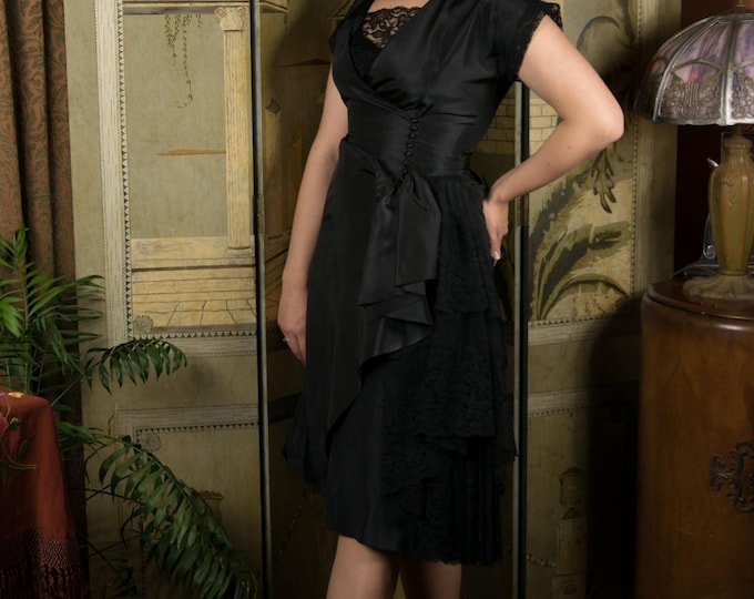 1950s Dress - Bombshell Vintage 50s Hourglass Wrap Style Cocktail Dress in Black Taffeta with Lace